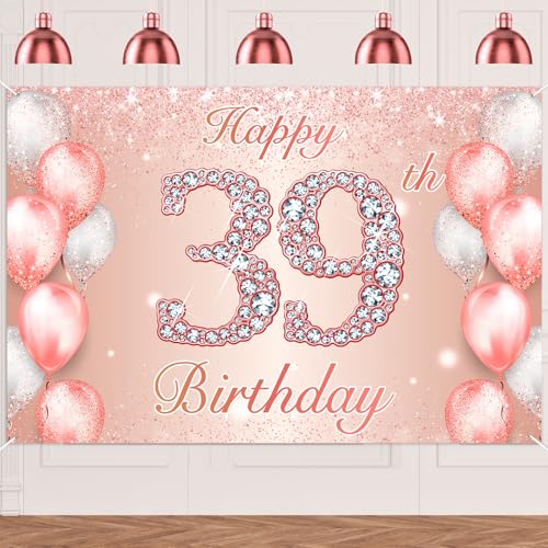 Image of Happy 39th Birthday Rose Gold Banner Cheers to 39 Years Old Backdrop Confetti Balloons Theme Decor for Women 39 Years Old Pink Birthday Party Decorations Bday Supplies Background Favors Gift Glitter