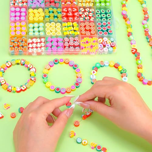 Image of Gionlion Fruit Polymer Clay Beads Bracelet Making Kit, Colorful Clay Beads with Lemon, Strawberry, Avocado, and Watermelon Designs for DIY Jewelry, Bracelet & Necklace Making Crafts