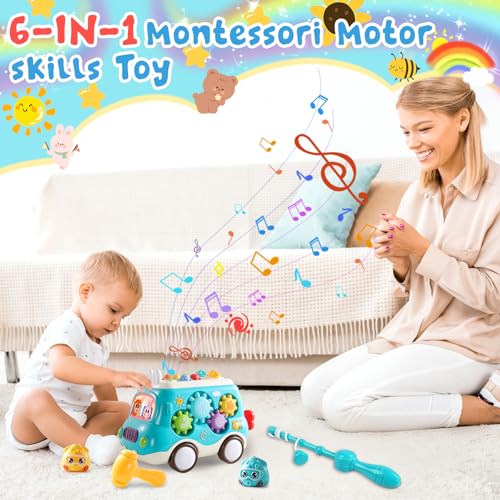 Jouet Enfant 1 2 3 an,Jouet Montessori Bebe,Bus Musicaux Sensoriel avec Jeu Pêche,Jeu Marteau,Jouets Éducatifs Motricité Fine,Cadeaux d'anniversaire pour 12-18 Mois Garçon Fille – Image 4