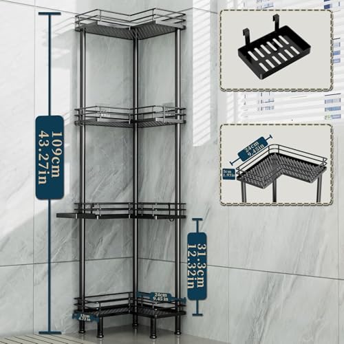 Image of Consumest Corner Shower Caddy Standing - 4-Tier Stainless Steel Shower Organizer with Soap Holder and 4 Hooks, Large Capacity Corner Shelf Stand for Bathroom, Rest Room, Black
