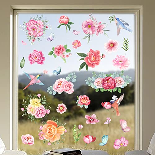 Image of 79 PCS Spring Window Clings,Spring Flower Window Clings for Glass Windows,Double-Sided Birds Floral Butterfly Window Stickers for Spring Decor (9 Sheets)