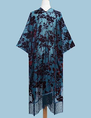 WeHello Women's Burnout Velvet Kimono Long Cardigan Cover Up with Tassel Teal/Red4