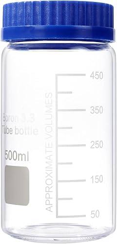 Pastein Paquete de 2 botellas de vidrio de laboratorio de reactivo de borosilicato redondo graduado de boca ancha de 16.9fl oz con tapa de rosca de
