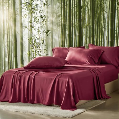 Image of 100% Viscose Derived from Bamboo Sheets King Size,Soft & Cooling Viscose from Bamboo Sheets Set, Organically Grown,Breathable & Soft Deep Pocket Up to 18 Inches(Burgundy)