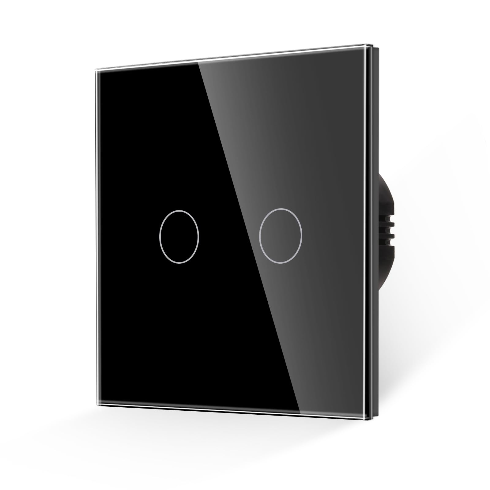 JIMEIDA 2 Gang 1 Way Touch Light Switch Black Tempered Glass Panel Wall Switch and Screwless Glass Plate with LED Backlight, No Neutral Wire Required, 500W, AC