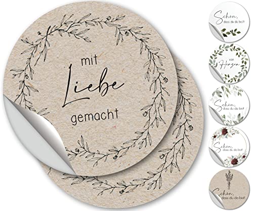 100 mit Liebe gemacht Aufkleber Sticker für Gastgeschenke Rund 4,5cm Etiketten für Geschenke Geschenkaufkleber Hochzeiten, Geburtstag - Graspapier Cover