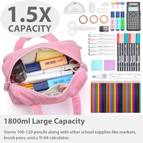 Image of SPACEMATE Pencil Case Pouch Box Bag School Supplies Girls Boys Kids, Cute Preppy Stuff Large Big Capacity Aesthetic Pen Organizer, Back to College Stationary, Light Pink, Corduroy Style, 1800ml