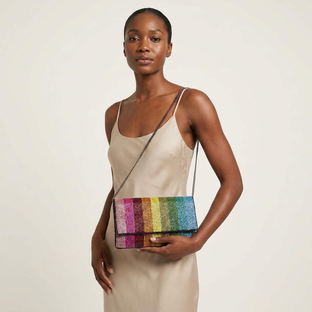 One Love Rainbow Beaded Clutch Bag Colorful Stripe | Evening, Crossbody Purse