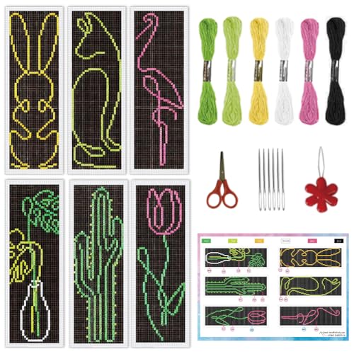 Image of INFUNLY 6pcs Simple Animals Cross Stitch Bookmark Kit for Beginners DIY Abstract Plants Embroidery Bookmark Kits Rabbit Needlepoint Kit with Instruction Easy Cross Stitch Set for Book Lovers Readers