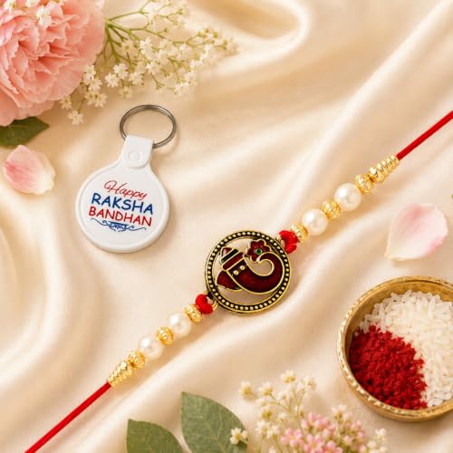 Image of Riddhika Ventures Alluring Gold Plated Floral and Pearl Rakhi (Bracelet) with Roli Chawal, Greeting Card and One Motivational Keychain