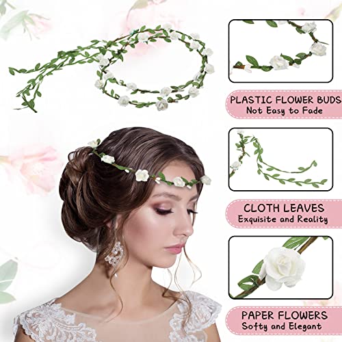 Foto von 6 Stück Blumen Krone Frauen Hochzeit Blumen Haar Girlande Boho Blumenkranz Blumen Braut Kopfschmuck Grün Krone Verstellbare Blumengirlande Stirnbänder für Hochzeit Zeremonie Party Urlaub