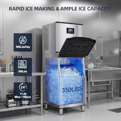 Image of Commercial Ice Maker 500LBS /24H, 350LBS Storage Bin, Industrial Ice Machine, Ice Ready in 5-15 Mins, Self-Cleaning, Timer Function, Stainless Steel Freestanding for Restaurant Bar Cafe