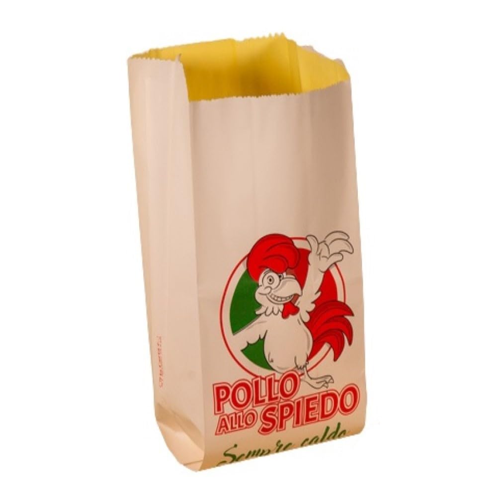 Generico Sacchetti alimentari POLLO ALLO SPIEDO in carta LARICE interno antigrasso VARIE MISURE 60+60 gr carta alimentare colorata stampa (120 buste 15x34 cm)