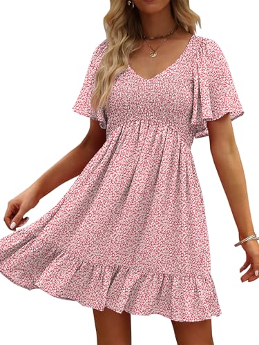 Image of UEAL Womens Cute Floral Smocked V Neck Flutter Sleeve Sundress with Pockets Casual Spring Summer Dresses for Women 2026