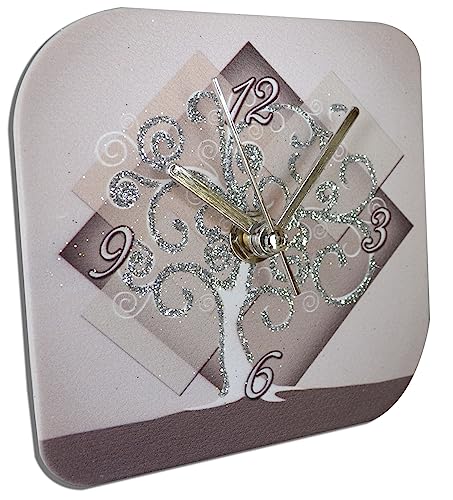 oggettando, Orologio da tavolo in ecopelle bianca stampa ALBERO DELLA VITA ROMBO in scatola da regalo. Bomboniere, anniversari. Regali utili, Originali ed Economici (16x16)