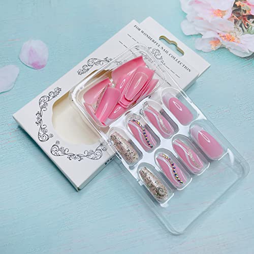 Nude Pink Press On Nails Medium French Tip Fake Nails With Rhinestones Gold Glitter Sequins Design Full Cover False Nails Glossy Artificial Glue On Nails Acrylic Nails Decoration For Women Girls 24Pcs #TOP3