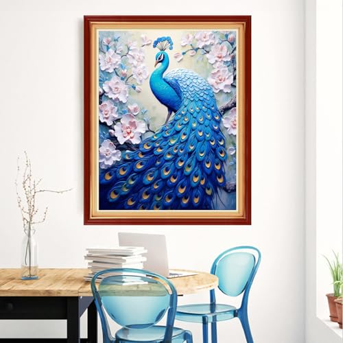 Image of Magxvouy Cross Stitch Kits Stamped Full Range of Embroidery Kits,Cross Stitch Patterns Needlework Kits for Beginners 11CT Printed Kits&Blue Peacock Flower 16x20 inch