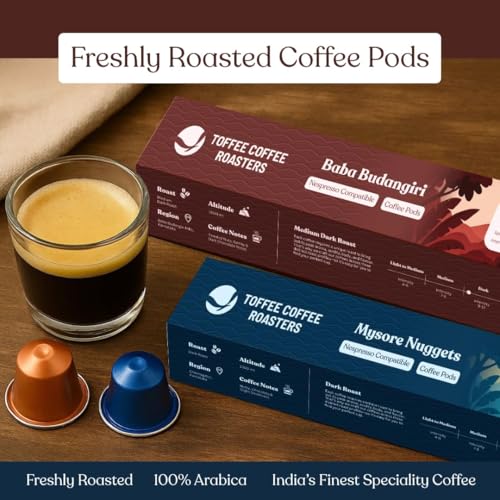 Image of Toffee Coffee Roasters | Variety Pack Coffee Pods - 80 Aluminium Coffee Capsules | Baba Budangiri & Mysore Nuggets | Nespresso Compatible