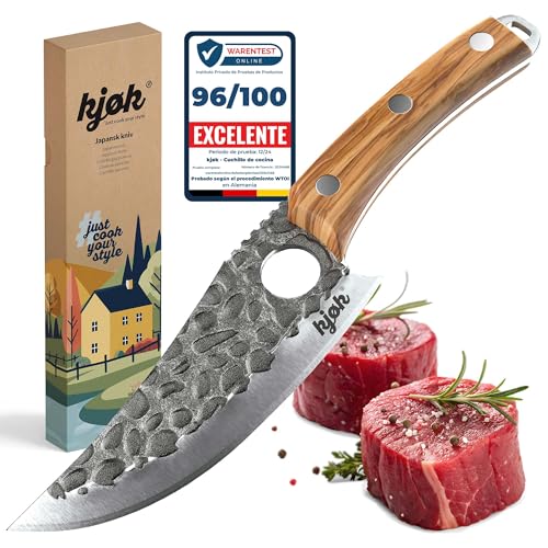 kjøk Cuchillo de cocina profesional y premium dureza 56±2 HRC hoja 15cm estilo japonés con orificio y mango de madera de olivo - cuchillo da chef asiático para exterior, parrilla y BBQ