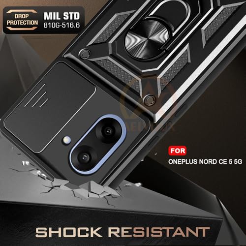 Image of Armor Bumper Back Cover Case for OnePlus Nord CE 5 5G Rotating Camera Cover, Ring Holder & Kickstand | Heavy Duty & 360 Degree Protection OnePlus Nord CE 5 5G Back Cover (Black)
