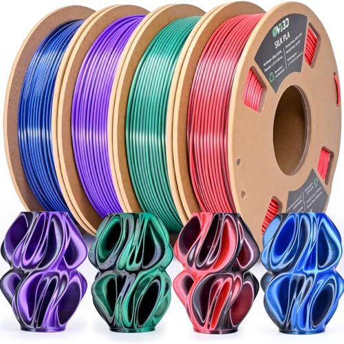 Image of OVV3D Silk PLA 3D Printer Filament Bundle 250g x 4 Spools, Shiny Dual Color Filament 1.75mm Pack, Multi Color Change 3D Printing Filament, High Gloss Shine, 4 Pack (Black - Purple, Red, Green, Blue)