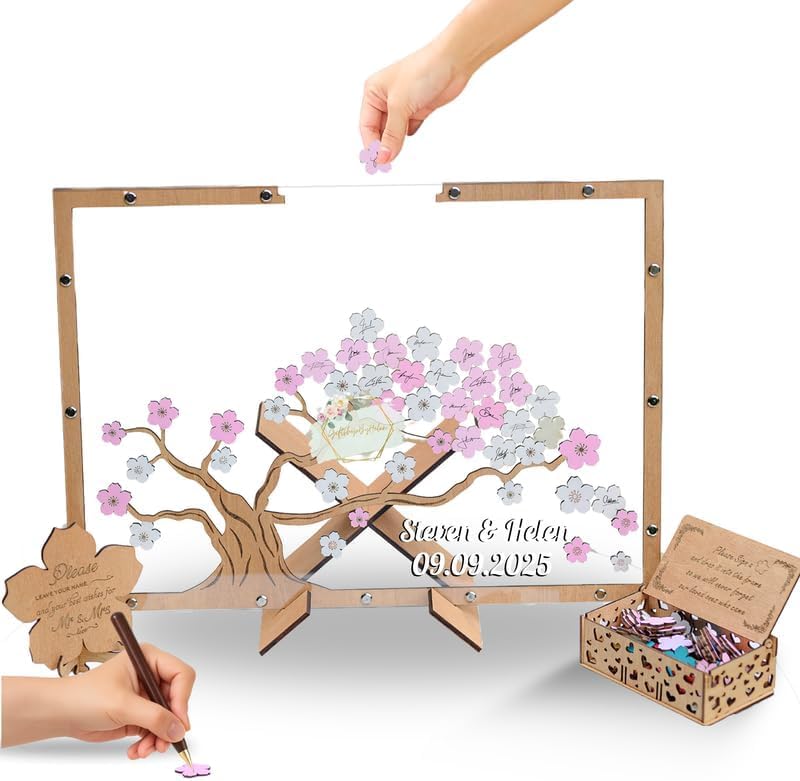 Image of Rustic Fall Maple Tree Wedding Guest Book Alternative with Drop Leaves | Personalized autumn leaf drop box frame with sign-in leaves for custom names and date, rustic fall wedding decor
