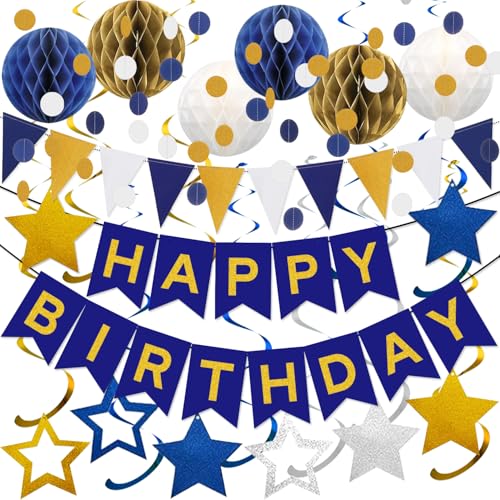 Navy-Blue White-Gold Birthday Party Decorations for Boys Men, Pre-Strung Navy Blue Gold Happy Birthday Banner with Honeycomb Balls, Stars Hanging Swirls, Circle Dots Garland, Triangle Pennant