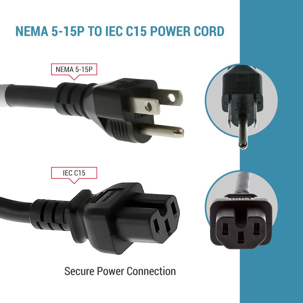 CablesAndKits - Cable de alimentación AC 3 pines 3 m - 15A 125V - 5-15P a C15 - Cable de extensión resistente 14AWG - Ideal para el hogar, la oficina y los dispositivos electrónicos