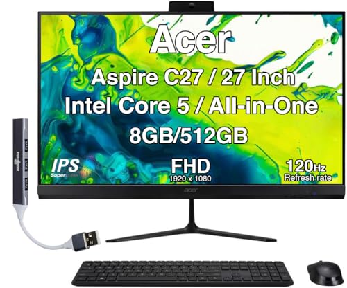Acer Aspire C27 All-in-One Desktop, 27" IPS FHD Display (Intel Core 5 120U, 8GB DDR5, 512GB PCIe SSD, Wi-Fi 6E, Webcam, Wireless Keyboard and Mouse, Bluetooth 5.3, Win 11 Home) with USB Hub