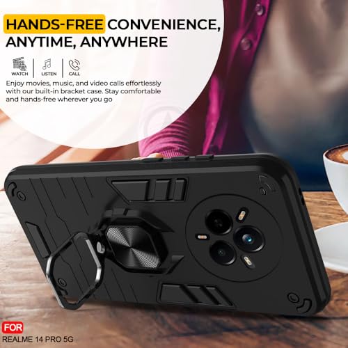 Image of AESTMO Realme 14 Pro 5G Back Case Cover | Tough Armor Bumper | Ring Holder & Kickstand in-Built | 360 Degree Protection Cover for Realme 14 Pro 5G (Black)