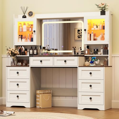 jiteentarou 60 Large Farmhouse Vanity Desk with LED Mirror Lights and Charging Station Glass Top Makeup Vanity Table w/8 Drawers LED Glass Storage Cabinet Dressing Table for Bedroom Rustic White