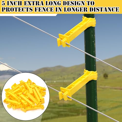 Image of Pangda 100 Pcs 5 inch Snap Type Insulator Electric Fence T Post Insulators Extended Snug Fitting T Post Electric Fence Wire Clips for Agricultural and Ranchers (Yellow)