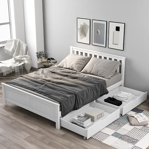 Merax Wooden Double Bed Frame 135x190cm with 2 Storage Drawers, Solid Pine Storage Bed, White Wooden Bed Frame for Adults, Teenagers & Kids, 4FT6 Double Bed with Underbed Storage