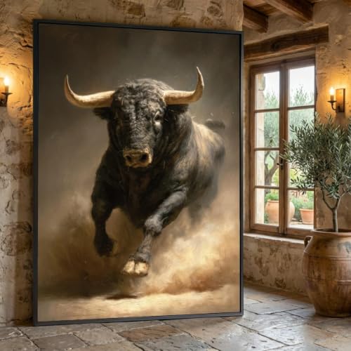 Toile taureau chargeant 80x110cm cadre intérieur art animalier rustique