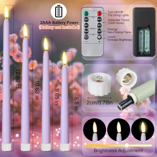 Image of Rossesay 16 Pcs Light Purple Flameless Taper Candles Battery Operated Candles with Remote Timer 8.5 inch 9.6 inch 10.8 inch 12.8 inch LED Flameless Flickering Candlestick for Halloween Christmas Wedding Party Decor