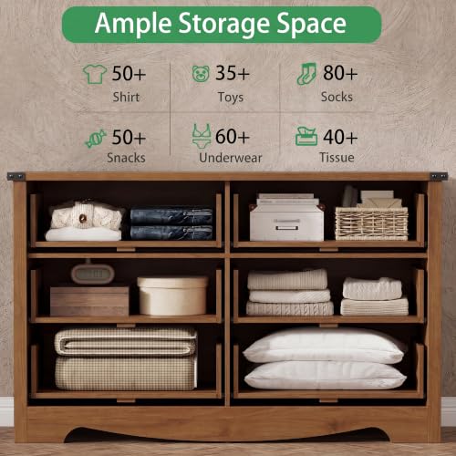 Image of Xixini Dresser for Bedroom with 6 Drawers, 54 inch Wide Wood Chest of Drawers with Mental Handle, Modern Dresser TV Stand, Wooden Closet Storage Organizer for Living Room, Hallway, Entryway, Walnut
