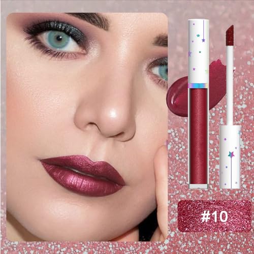 Image of evpct 1Pcs Dark Red Metallic Shimmer Glitter Lip Gloss Liquid Lipstick Long Lasting Waterproof 24, Glitter Pearlescent Metallic Sparkly Glossy Liquid Lipsticks Lip Stain Makeup Set for Women 10#