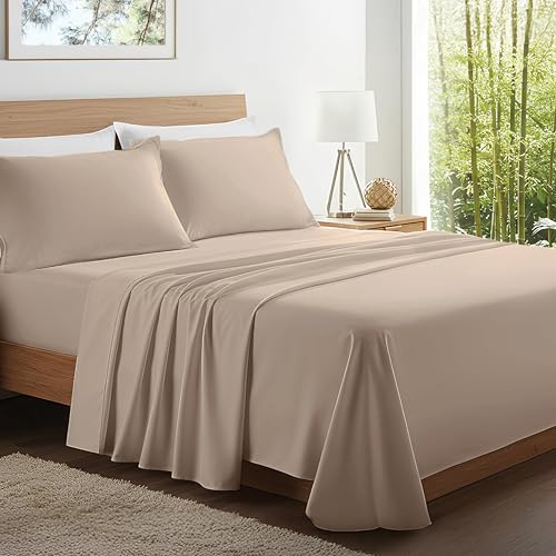 Kickoff Viscose Bamboo Sheets Twin Size 3-pc 100% Organic Bamboo Viscose Bed Cooling Sheets Twin Size Set Cool Bedding for hot Sleepers Sheet, Flat, Fitted, Pillowcase (Iced Latte, T)