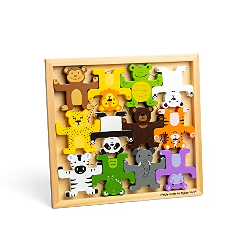 Image of Bigjigs Toys Wild Animal Stacker - 12 Animal Wooden Stacking Toys, for 1 2 3 Year Old, Baby Gift for 12 Months +