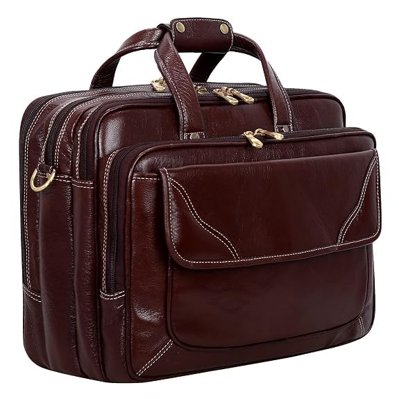 Image of Full-Grain Natural Genuine Pure Orginal Leather Office Briefcase Laptop Messenger Shoulder Bags For Mens Man Office Use 15.6 Inch cabin szie travelling Size-L-16'' X H-12'' X W- 6''