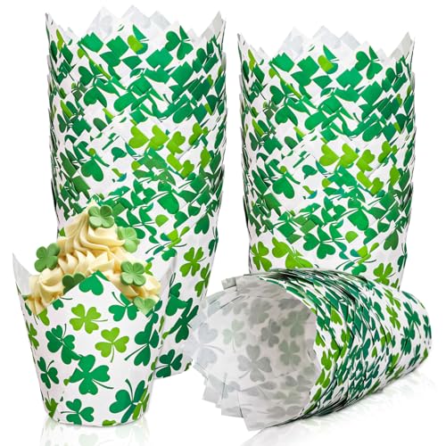 FYSUIMU 200Pcs St. Patrick's Day Tulip Cupcake Liners Green Shamrock Muffin Baking Cups Clover Cupcake Wrappers for Spring Irish Holiday Party Supplies