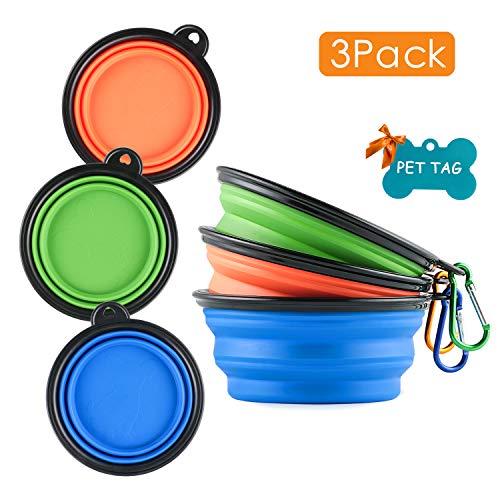 MXZONE 3 Collapsible Silicone Dog Bowl, Foldable Expandable Cup Dish for Small Pet