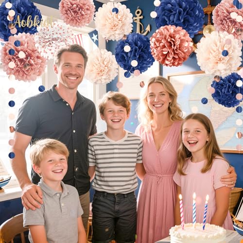 Image of AOBKIAT Rose Gold and Navy Blue Party Decorations Set,15PCS | with Paper Pom Poms,Garland for Women Mother,Engagement Anniversary,30th,40th,50th,60th,Birthday Party