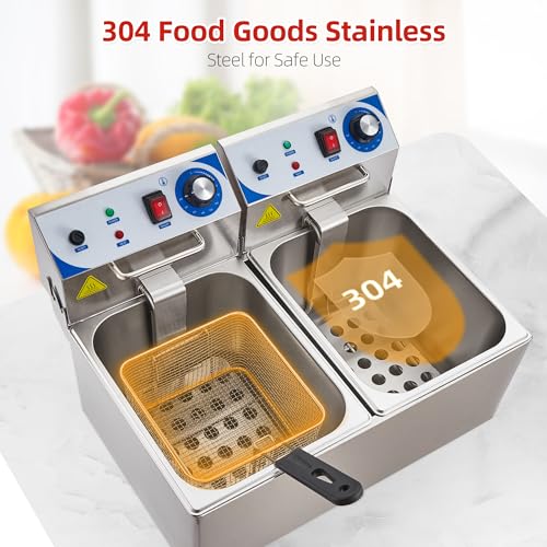 PULLAFUN Electric Deep Fryer, 10 L x 2 Deep Fryer with Basket, Adjustable Temperature Control, Perfect for Fried Chicken, Shrimp, French Fries, Chips & More, Removable Oil-Container, Stainless Steel