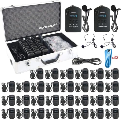 EXMAX EXD-101 Sistema inalámbrico de guía de audio 2.4G para recepción VIP, reuniones, capacitación y exposiciones (2 transmisores 30 receptores, estuche de carga de 32 ranuras) miniatura 1