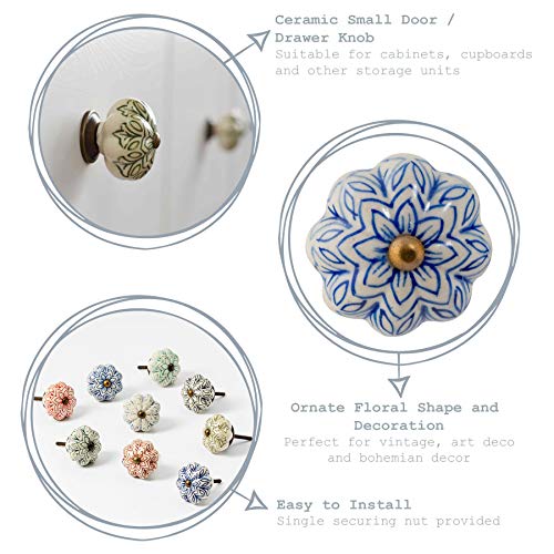Nicola Spring Ceramic Cupboard Drawer Handle Knobs - Vintage Flower Design - Mint Green - Pack of 6 - Image 2