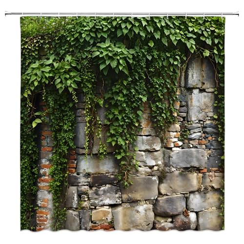 Stone Brick Wall Shower Curtain Ivy Leaves Vines Plant Vintage Rocks Rustic Spring Nature Scenic Fabric Bathroom Decor Sets with Hooks