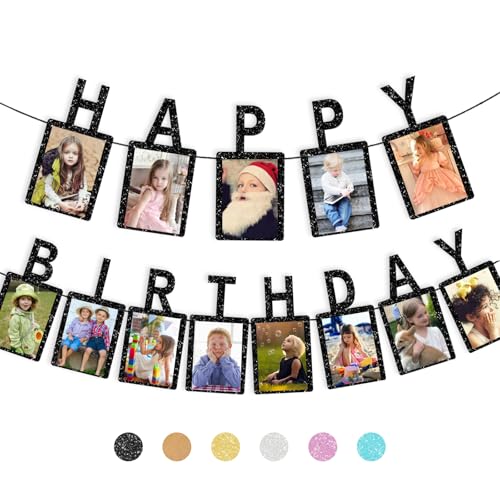 RCHBUDI Pre-strung banner Birthday Photo Banner Picture Banner and Photo Frame Suitable for Children and Adults' Birthday Party Decoration Background Black