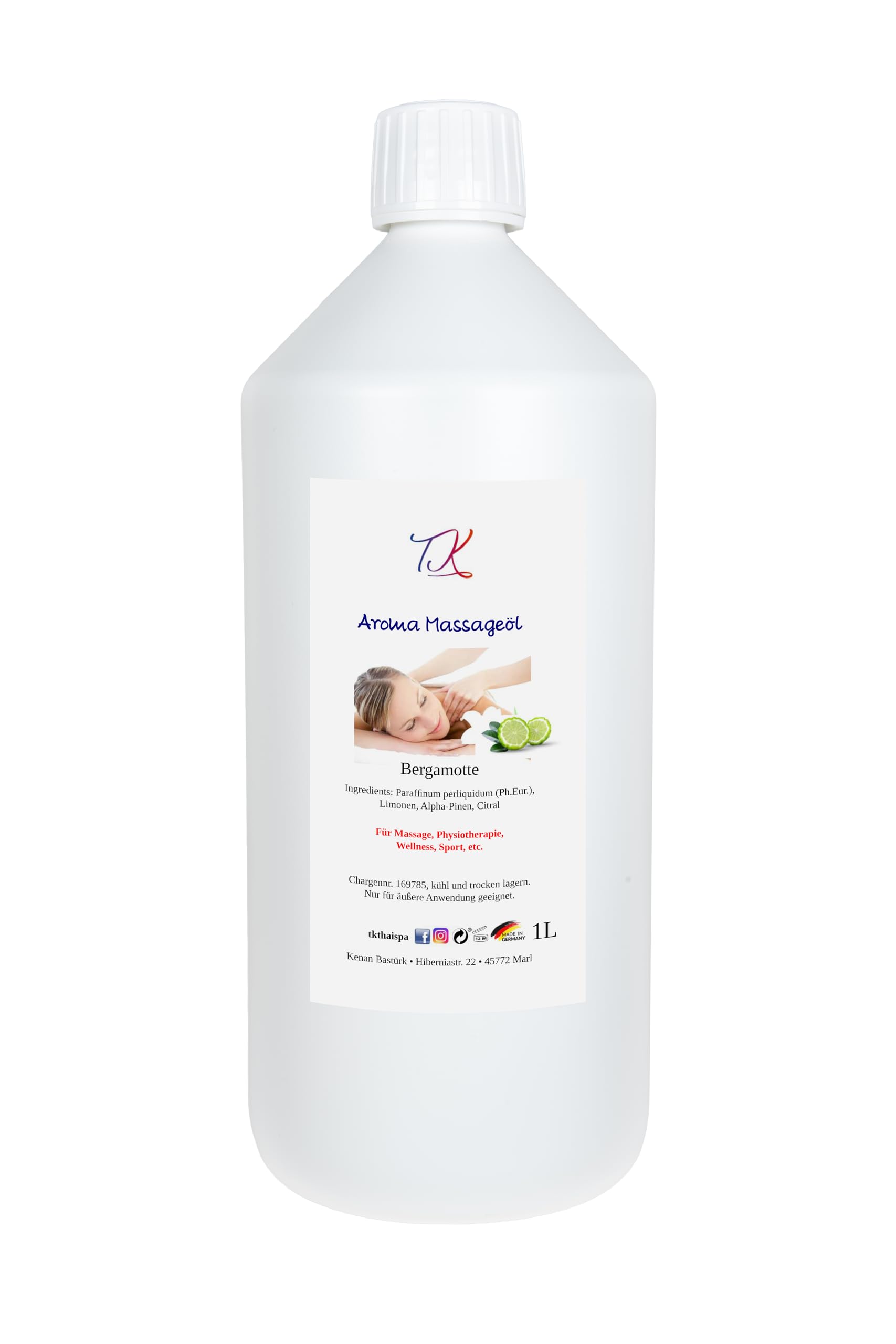 Aroma - Aceite de masaje (2 x 1 L) para masajes, fisioterapia, bienestar, deportes, etc. en calidad farmacéutica (coco y bergamota, 2000 ml)