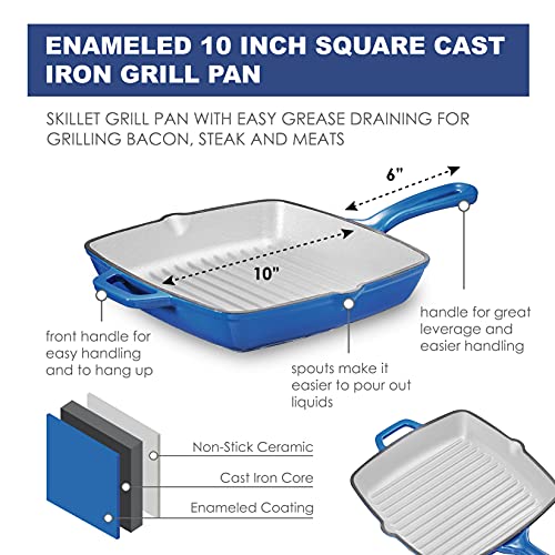 Bruntmor Pre-Seasoned 10 Inch Blue Square Cast Iron Pan | Indoor Grill | Cast Iron Skillet Flat Top Grill With Easy Grease Draining For Grilling Bacon, Steak, And Meats, Stove, Fire And Microwave Safe #TOP1